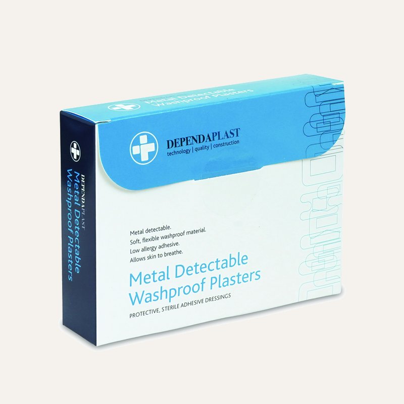 543_Dependaplast Metal Detectable Washproof Plasters 7cmx2cm_Box of 100_Angled