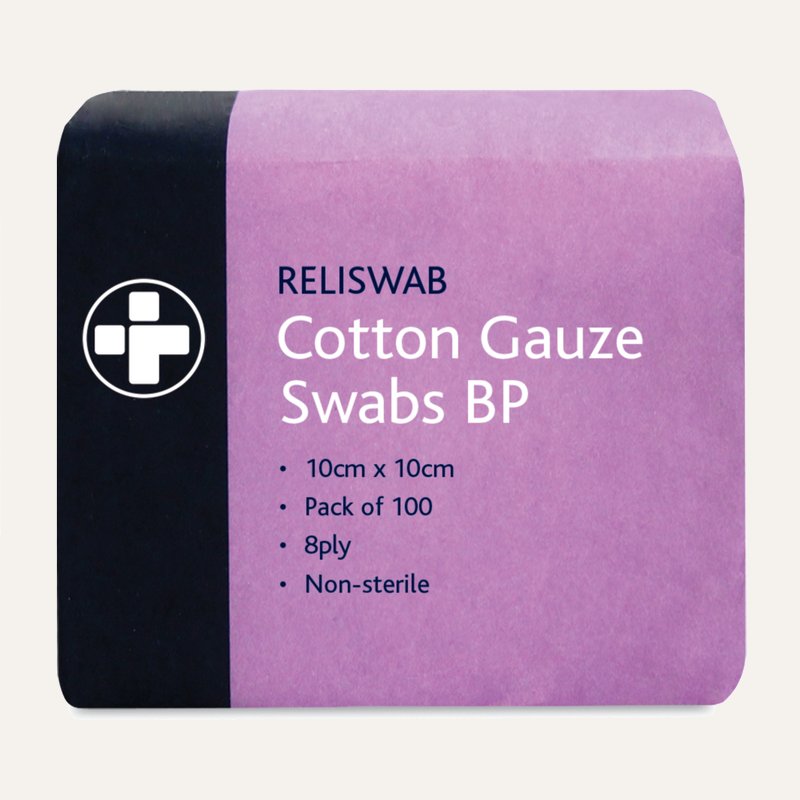 [PTQ-100004234] Reliswab Cotton Gauze Swabs BP, Pack of 100 (8 Ply 10cm x 10cm)
