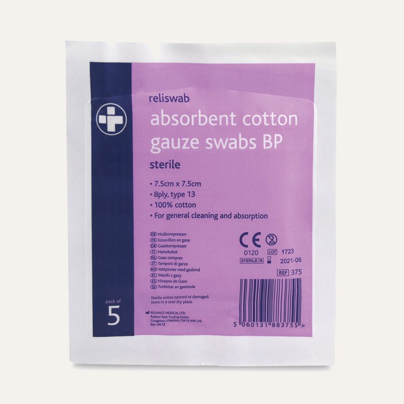 [PTQ-100004237] Reliswab Absorbent Cotton Gauze Swabs BP, 8 Ply, 7.5cm x 7.5cm, Pack of 5