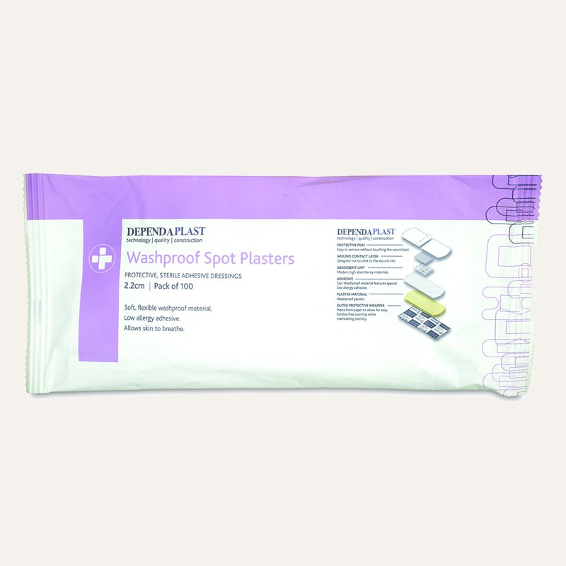 [PTQ-100004347] Dependaplast Washproof Spot Plasters, 2.2cm, Pale, Box of 100
