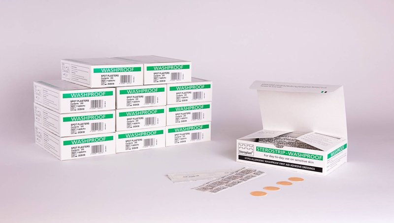 [PTQ-100004533] Sterostrip Washproof Spot Plasters, 2.4cm Diameter (Case of 12 x 100)
