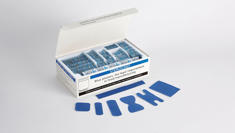 [PTQ-100004659] Sterochef Blue Detectable Plasters, Assorted 7 Sizes, Plastic Divider Tray of 100