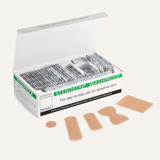 Sterostrip Washproof Plasters, Assorted 5 Sizes, Cardboard Box of 100
