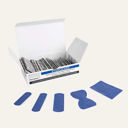 Sterochef Blue Detectable Plasters, Assorted 5 Sizes, Cardboard Box of 100